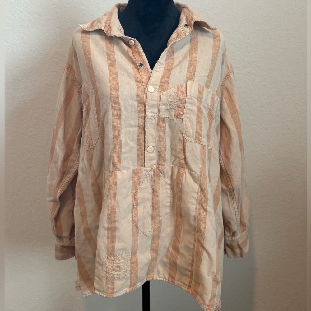 Magnolia Pearl Tan and Cream Striped Shirt